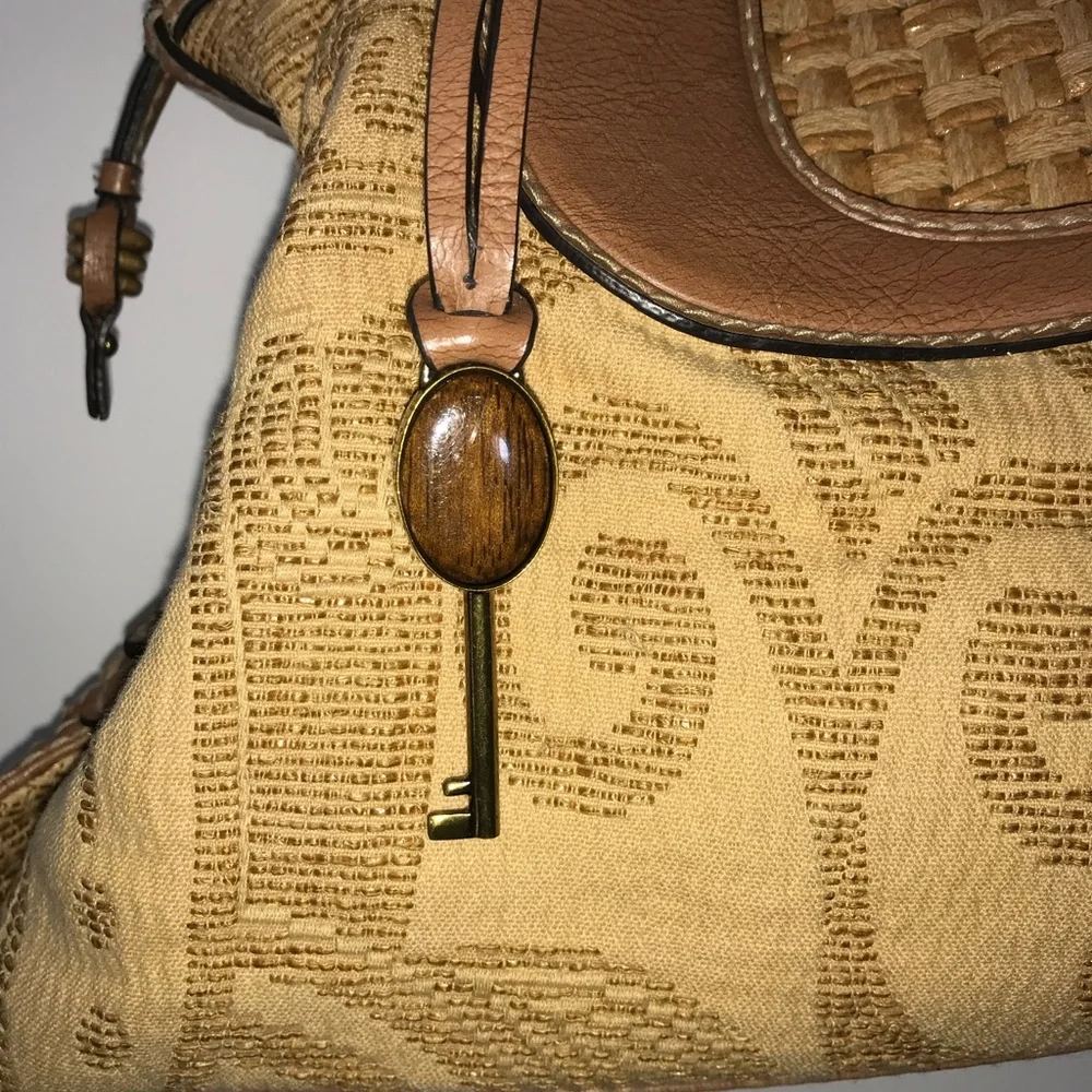 Fossil Vtg Tapestry & Leather Carpet Satchel Shoulder Bag Purse EUC